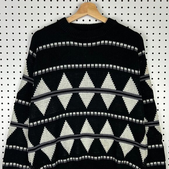 Chunky Multicolor Knit Sweater Size Medium Black White Western Aztec Grandpa 90s - Picture 2 of 7